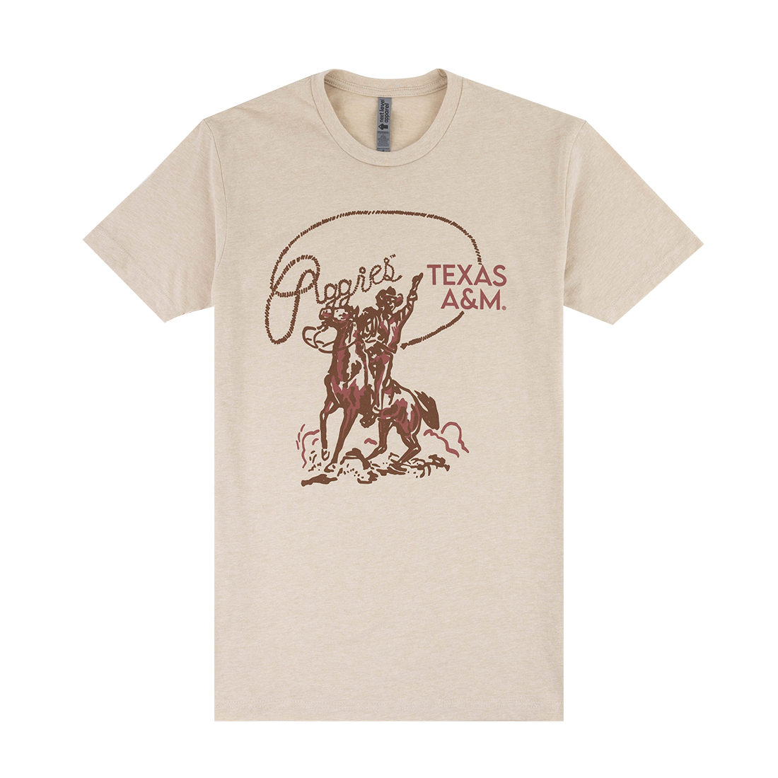 Beige t-shirt with a graphic of a cowboy and horse, and  "Aggies Texas A&M"  working.