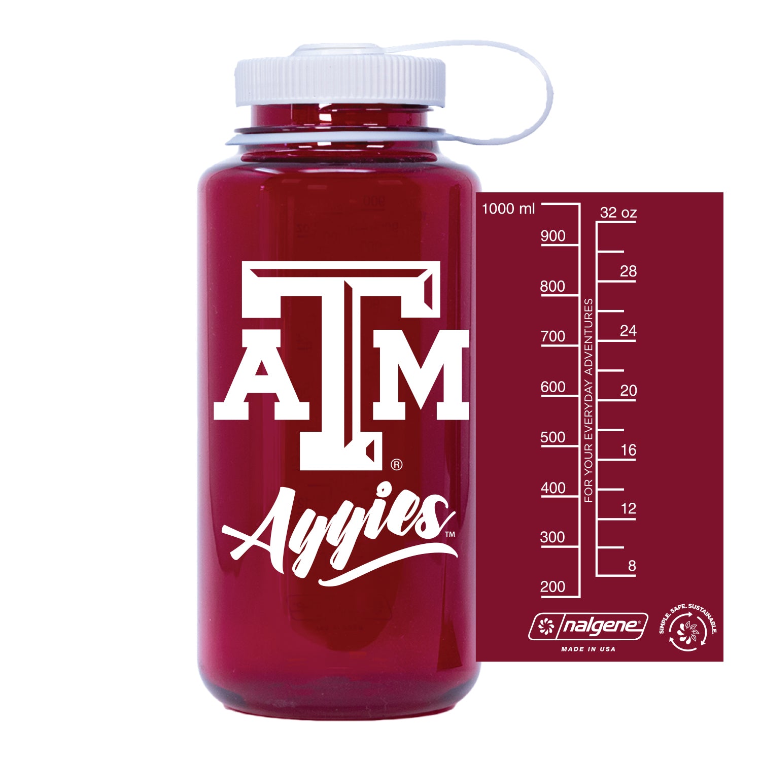 Maroon 32oz water bottle with white ATM logo and "Aggies" in white