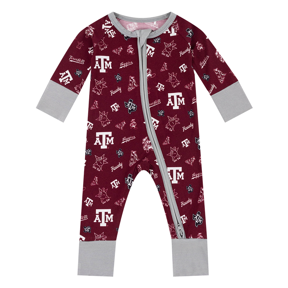 Maroon baby onesie with Texas A&M logo and patterns.