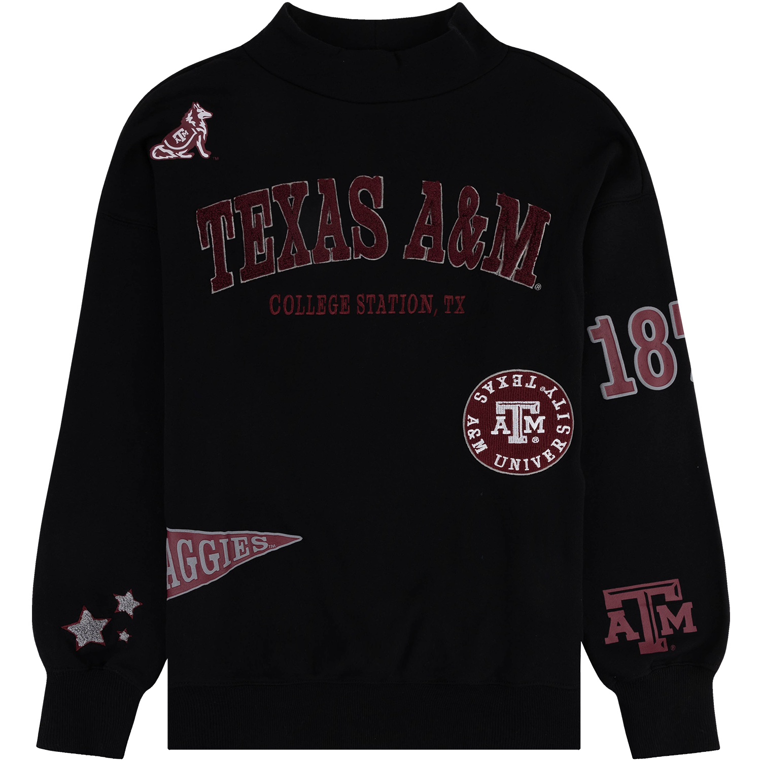 Black Texas A&M crewneck sweatshirt with collegiate graphic patches, including Texas A&M lettering, College Station, TX text, an A&M logo, and 1876 sleeve detail.