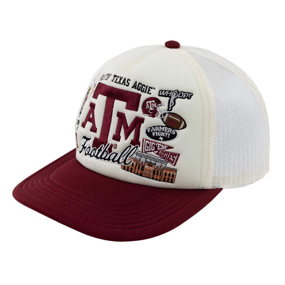 White and maroon cap with Texas A&M logos and text.