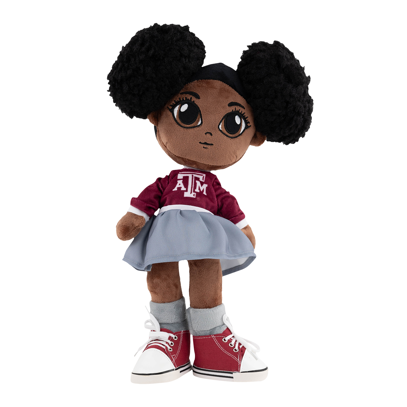 Plush doll with maroon shirt and gray skirt