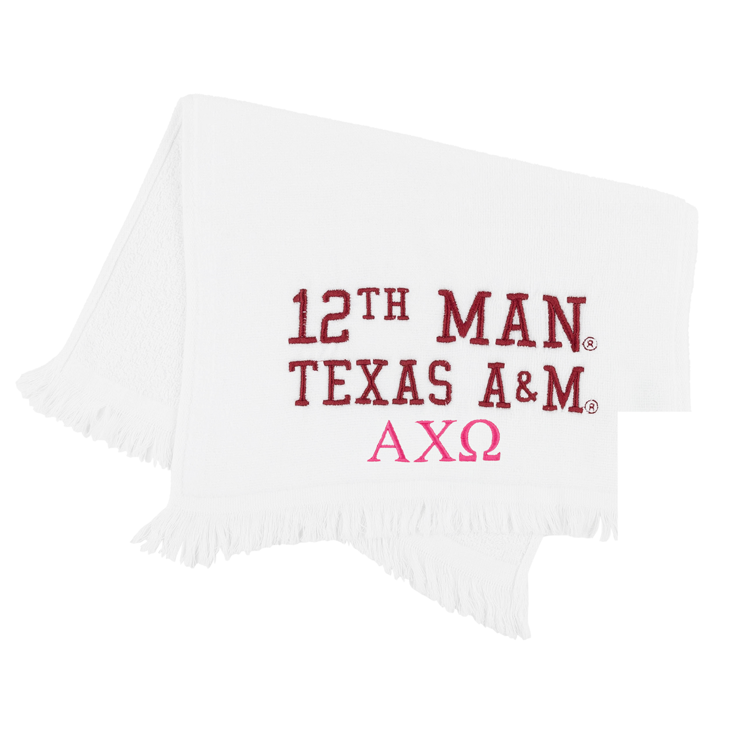 A white fringed throw blanket featuring '12TH MAN TEXAS A&M' in maroon and 'AXΩ' in pink embroidered text, displayed on a clean white background.
