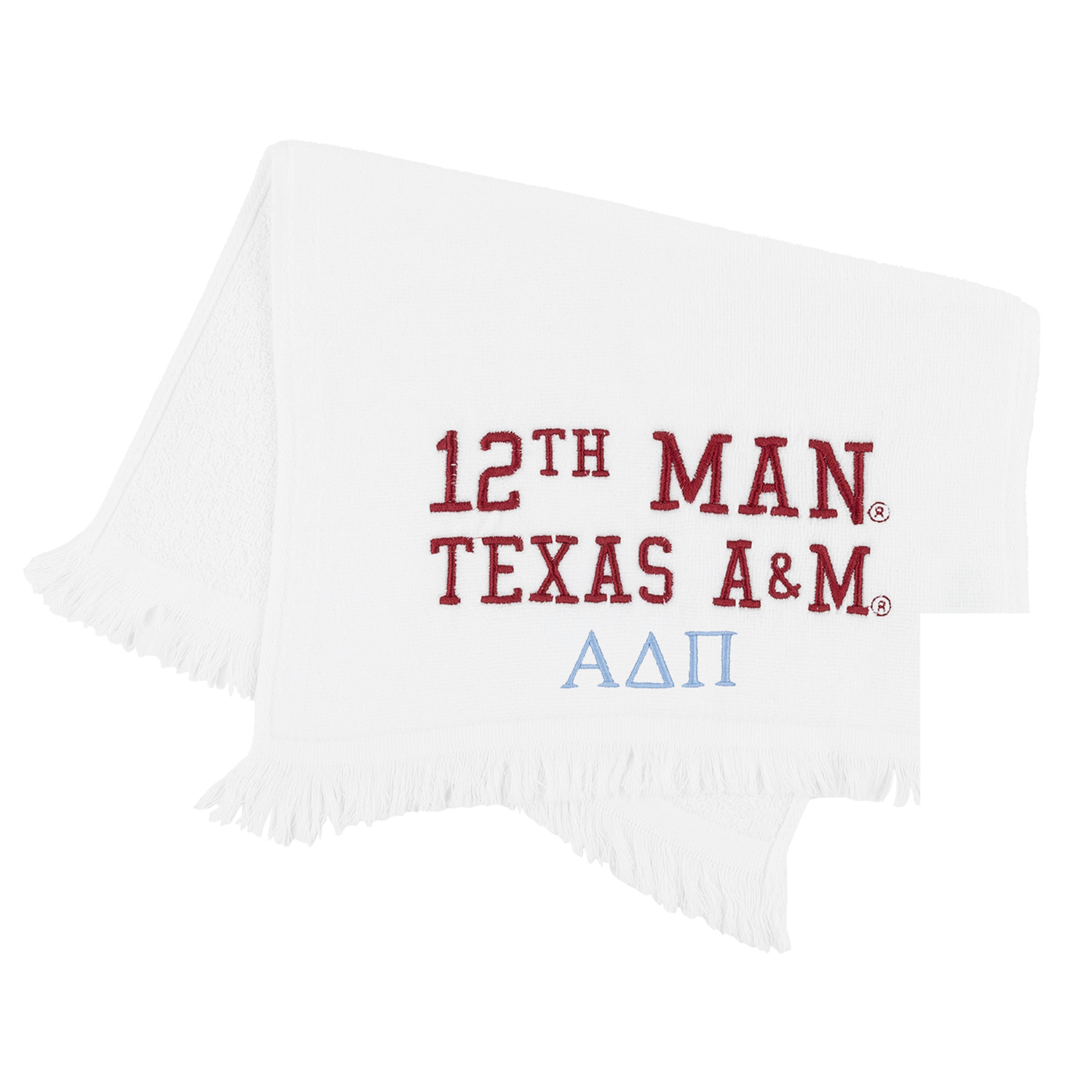 White towel with maroon 12th Man Texas A&M embroidery and light blue Alpha Delta Pi Greek letters.
