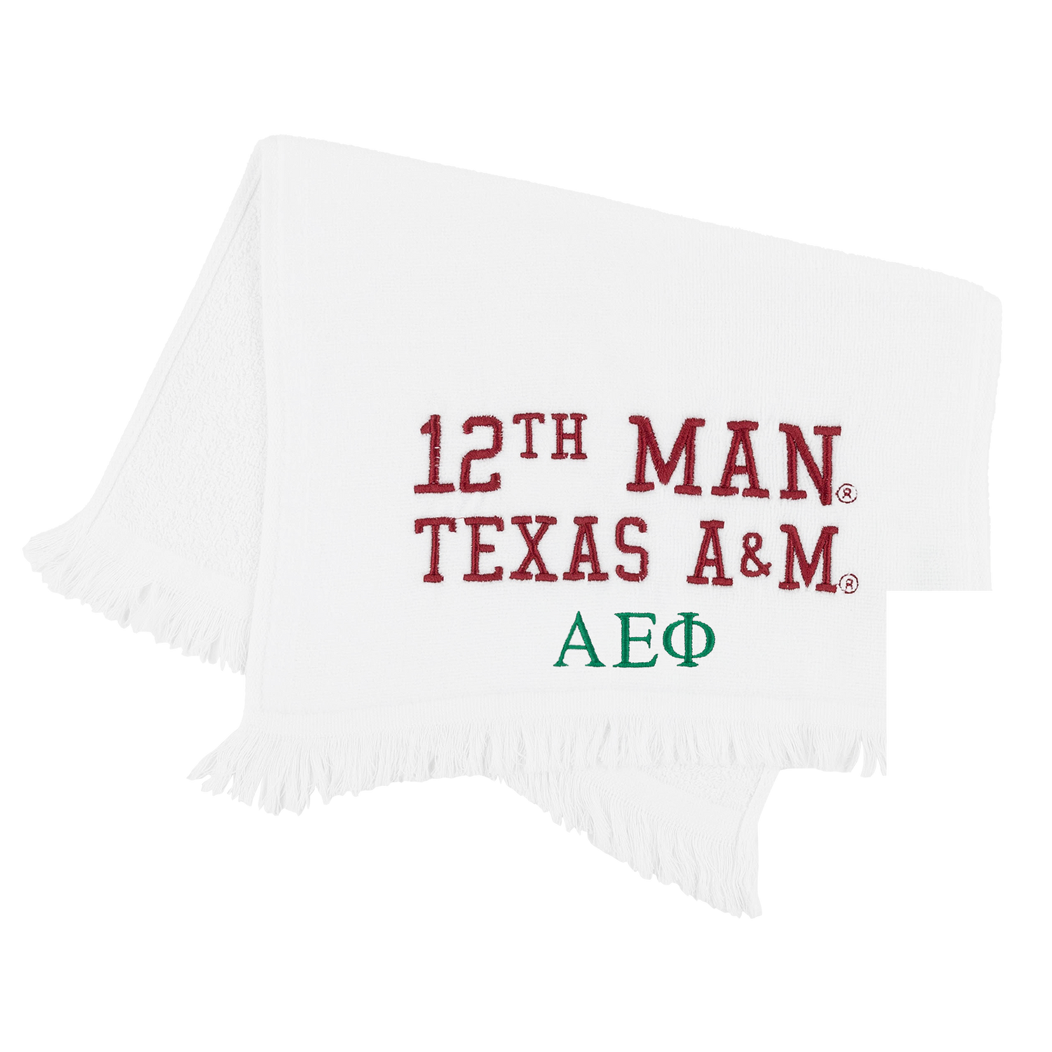 A white fringed towel featuring the text '12TH MAN TEXAS A&M' in red and 'ΑΕΦ' in green, representing the Alpha Epsilon Phi sorority.