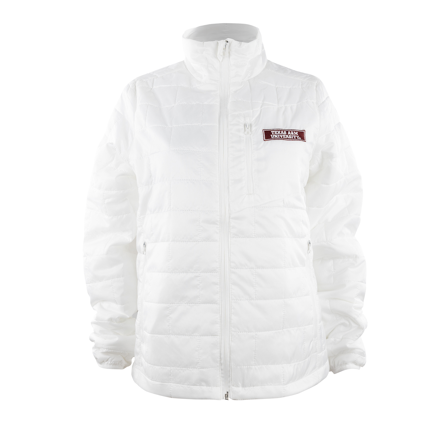 White puff jacket with maroon patch that reads "Texas A&M University" in white