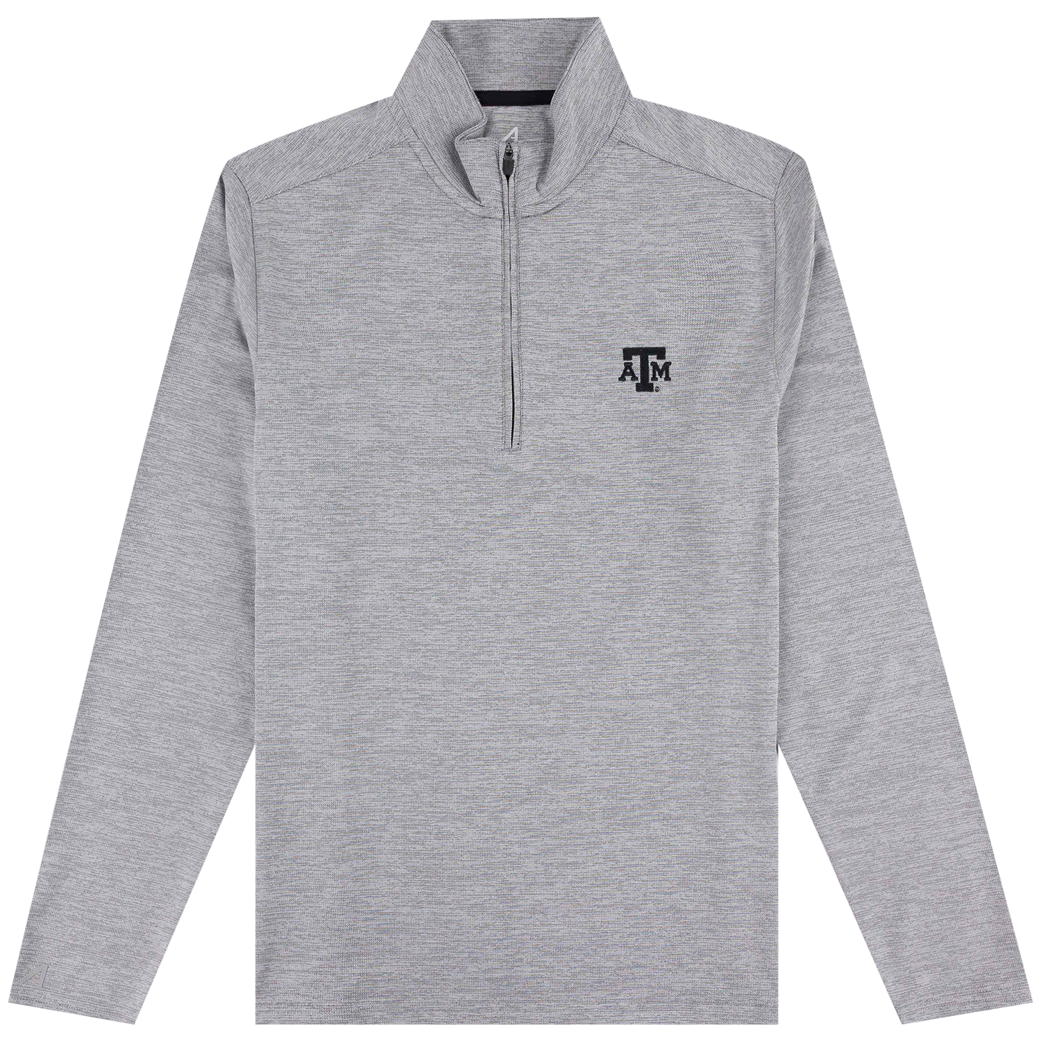 A heather gray long-sleeve quarter-zip pullover with a mock neck collar and a black Texas A&M 'A&M' logo embroidered on the left chest, shown on a plain white background.