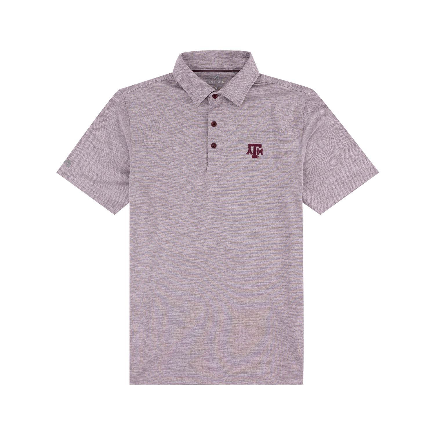 A short-sleeve polo shirt in a heathered light maroon-gray fabric, featuring a three-button placket and a maroon embroidered 'A&M' logo on the left chest, displayed on a clean white background.