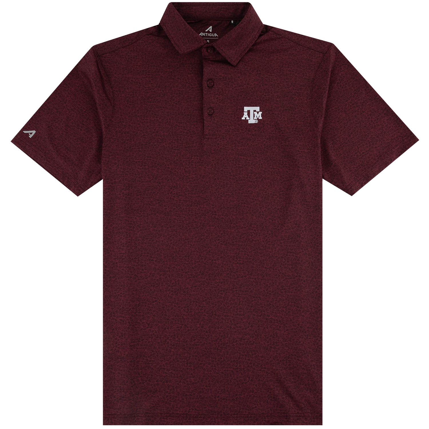 A short-sleeve polo shirt in maroon with a darker maroon ivy micro pattern with a white Texas A&M Aggies logo on the left chest, displayed on a clean white background.