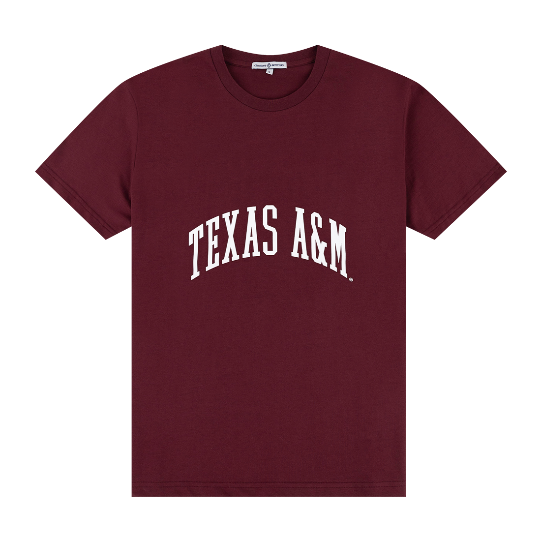 Maroon shirt with "Texas A&M" in a arch in white.