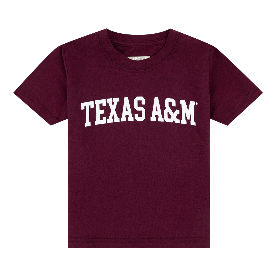 Maroon short sleeve with Texas A&M printed on the upper center chest in white.