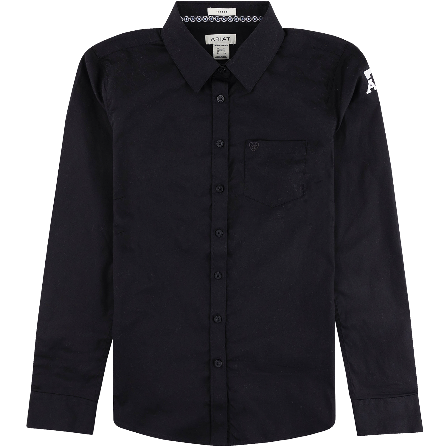 Black Ariat long-sleeve button-down shirt with a pointed collar, chest pocket, and white Texas A&M lettering on the sleeve.