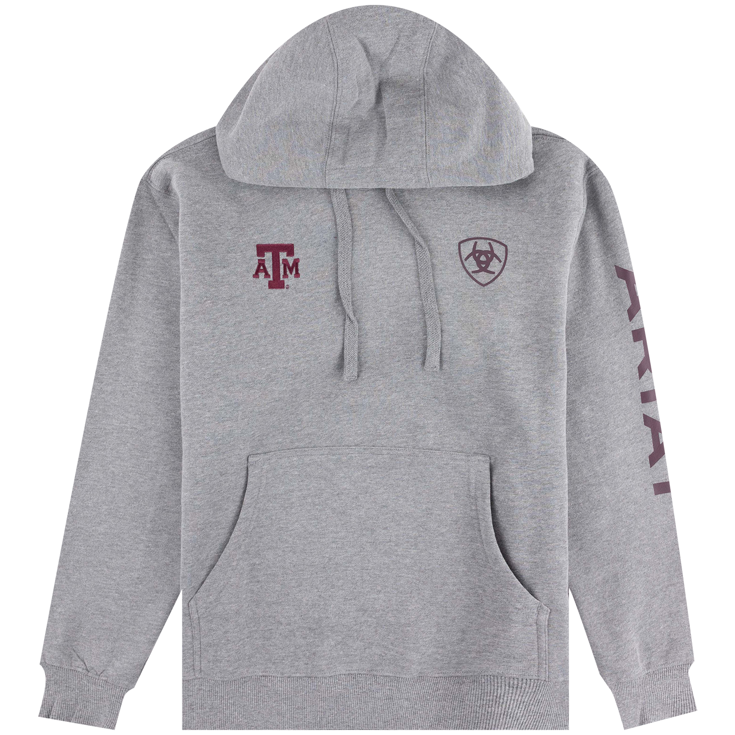 Gray Texas A&M Ariat hoodie featuring a maroon ATM logo, Ariat shield logo on the chest, maroon lettering down the sleeve, adjustable drawstring hood, and front kangaroo pocket.