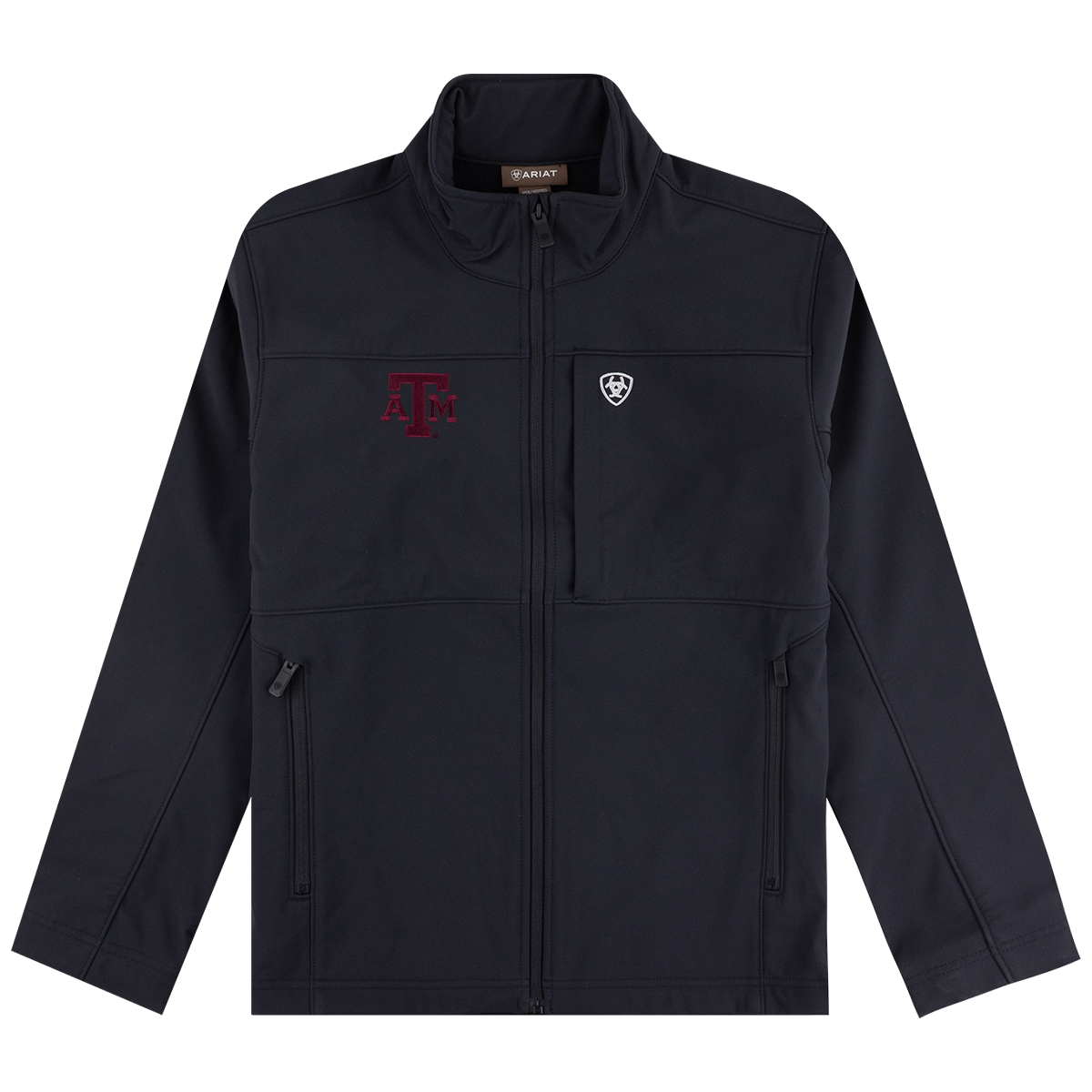 Men's Ariat black full-zip jacket featuring a stand-up collar, embroidered maroon Texas A&M ATM logo on the chest, Ariat logo, and two zippered front pockets.