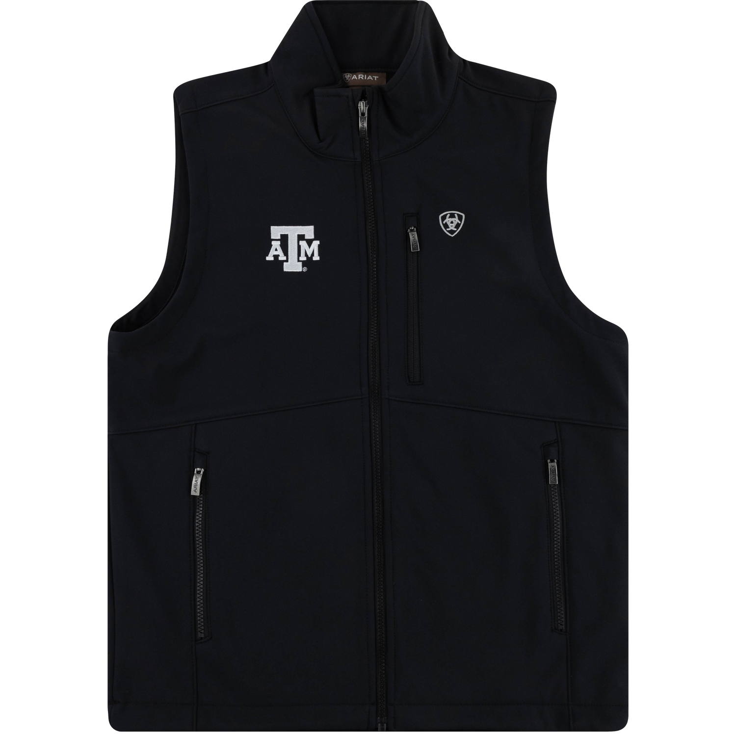 Black Men's Ariat Texas A&M full-zip vest with a stand-up collar, white embroidered Texas A&M logo, and Ariat shield logo on the chest.
