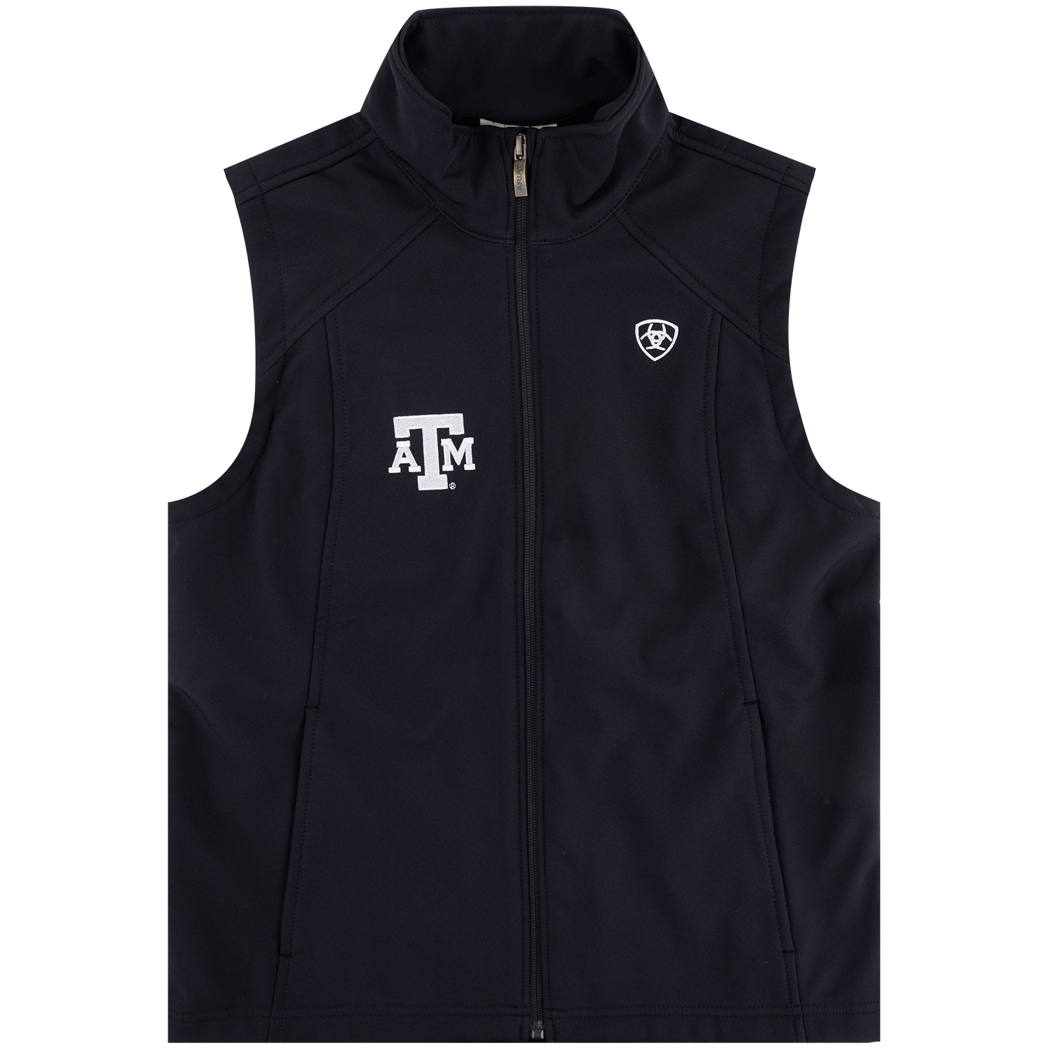 Black Women's Texas A&M Ariat full-zip vest featuring a stand-up collar, white ATM logo and Ariat shield logo on the chest, and a full-length front zipper.