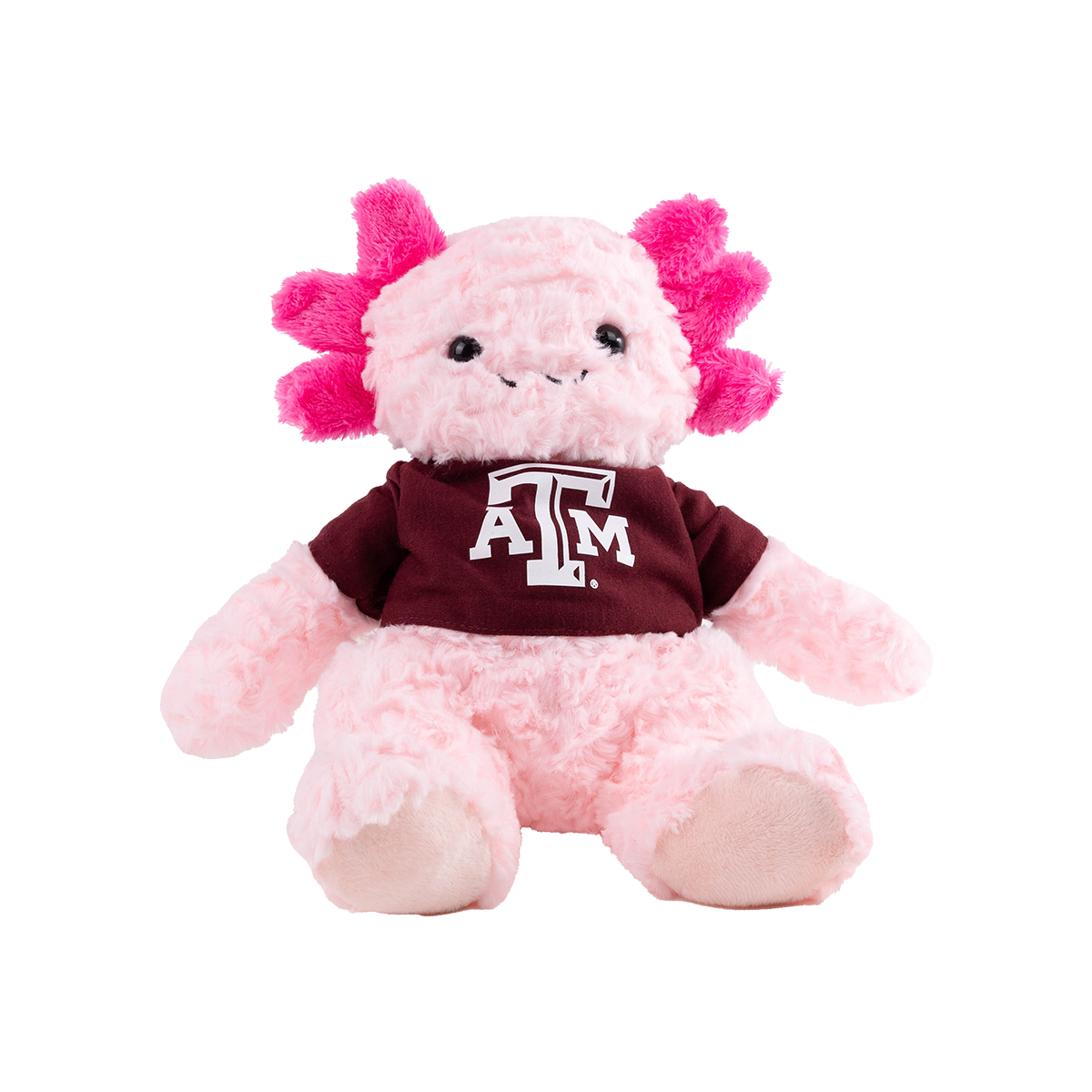 Pink plush toy with a maroon shirt featuring a logo 