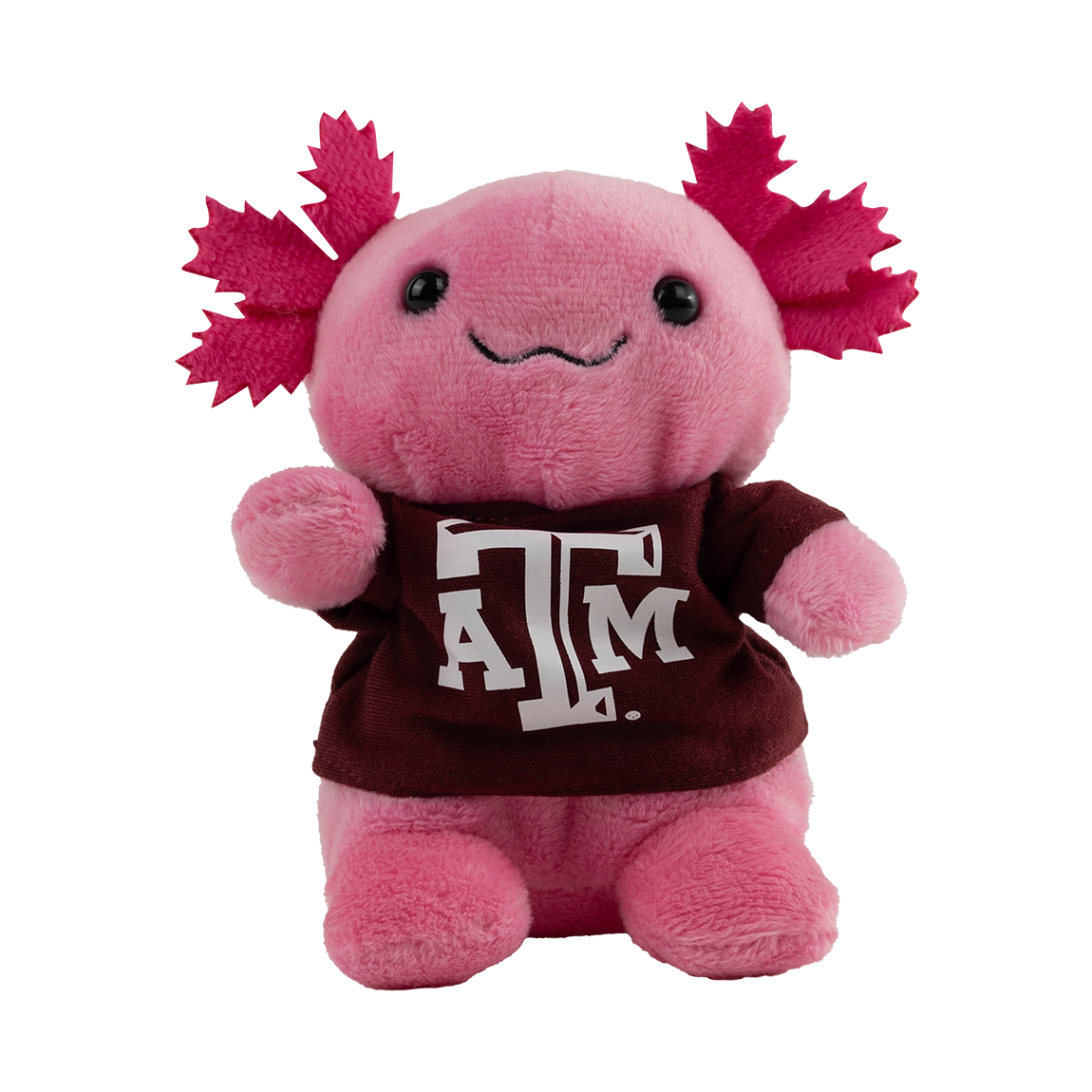 Pink plush axolotl toy wearing a maroon shirt with 'ATM' logo 