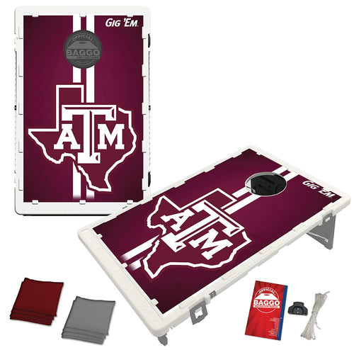Two cornhole boards that come with maroon and gray bags