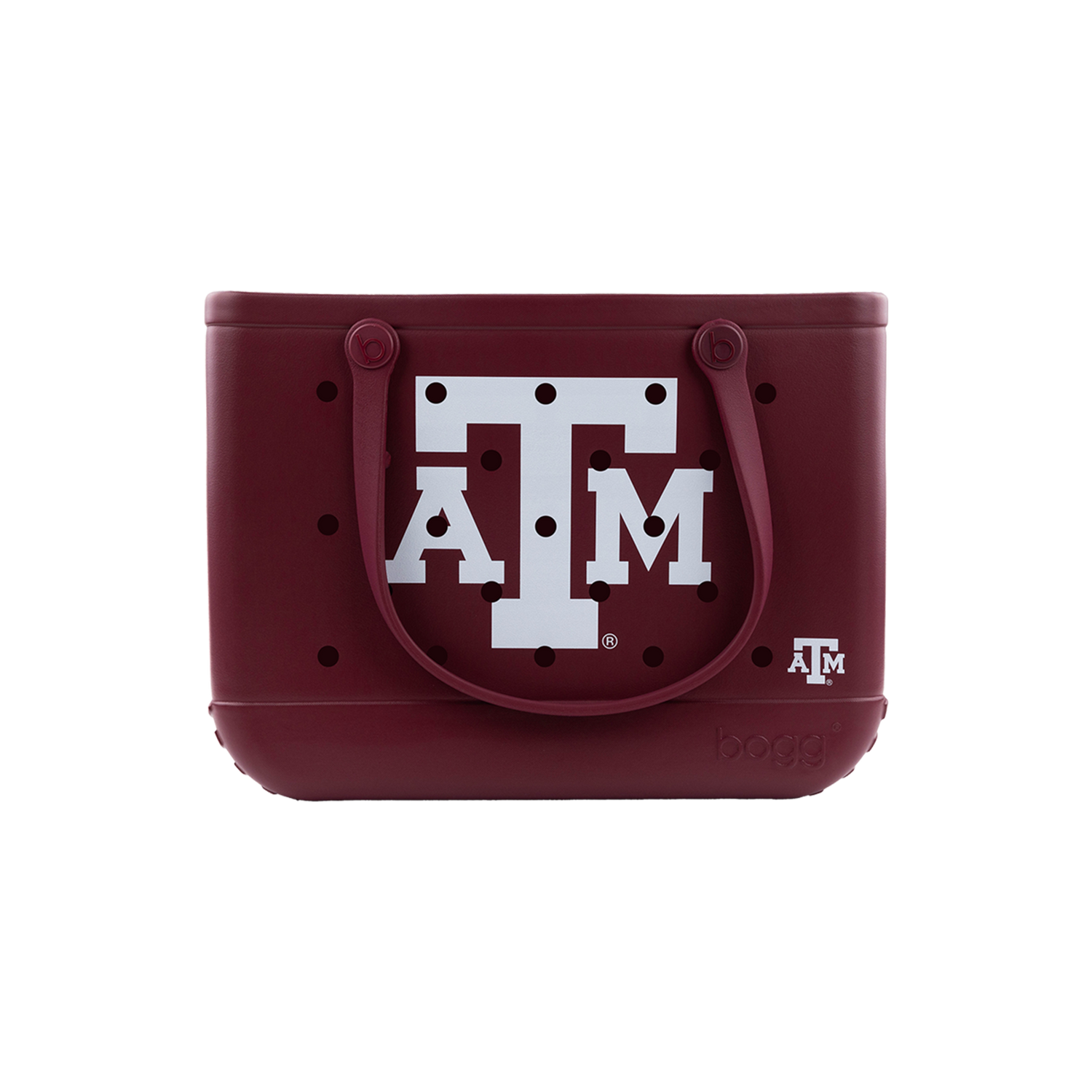 Maroon handbag with the Texas A&M logo in white,