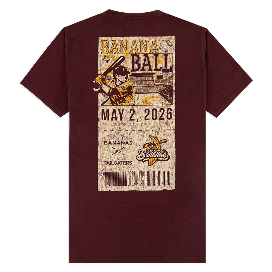 Maroon t-shirt with 'Banana Ball' graphic and event details 