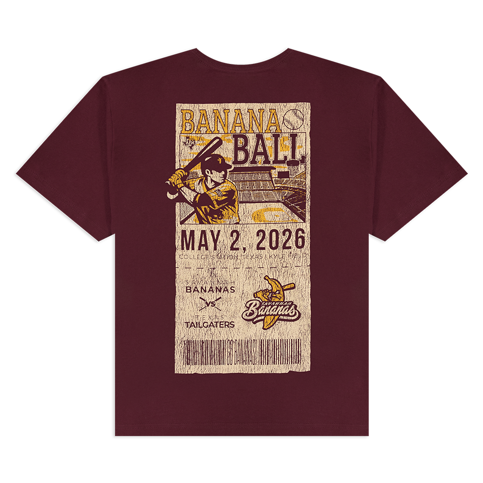 Maroon t-shirt with 'Banana Ball' graphic and text