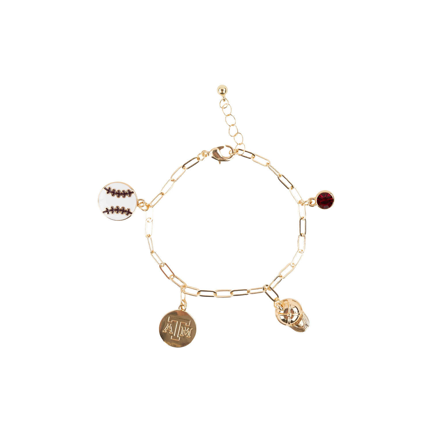 Gold charm bracelet with baseball charm and ATM charms
