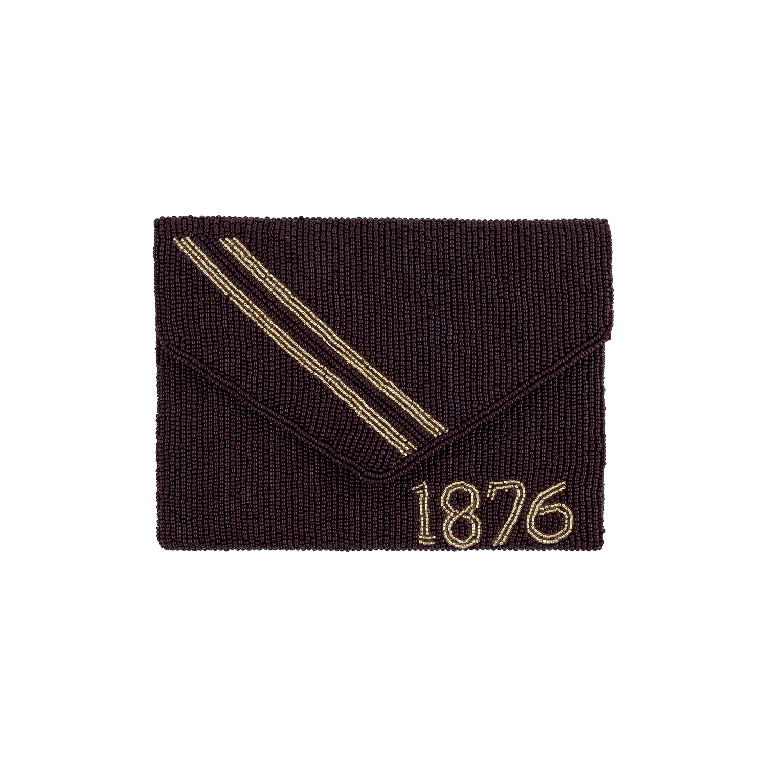 Maroon beaded envelope clutch with gold diagonal stripes and '1876' beaded in gold on the front flap.