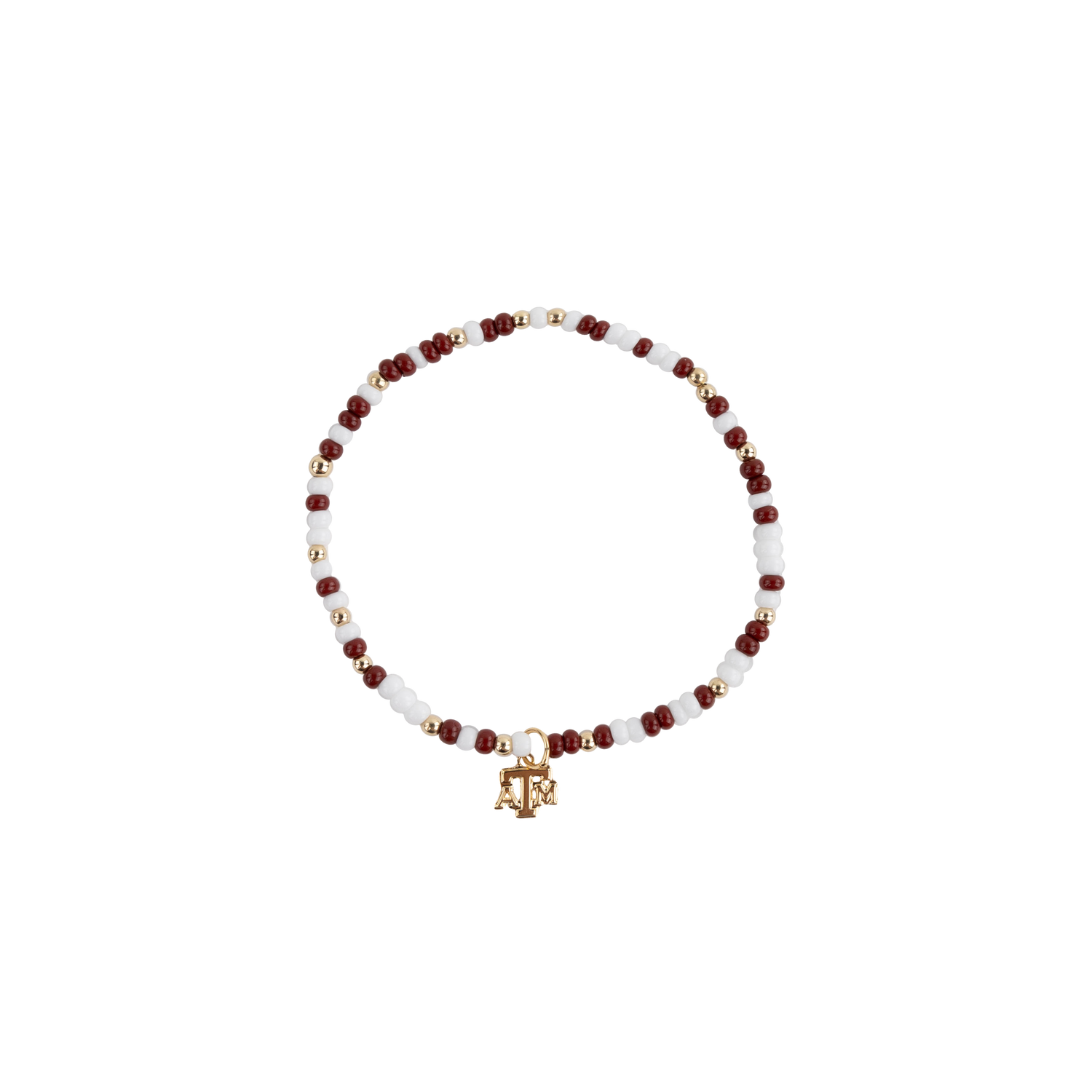 Bracelet with maroon and white beads and a gold charm 