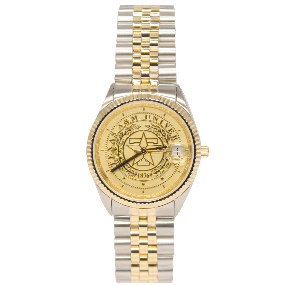 A two-tone stainless steel and gold watch with a gold dial featuring a central star emblem, set against a plain white background.