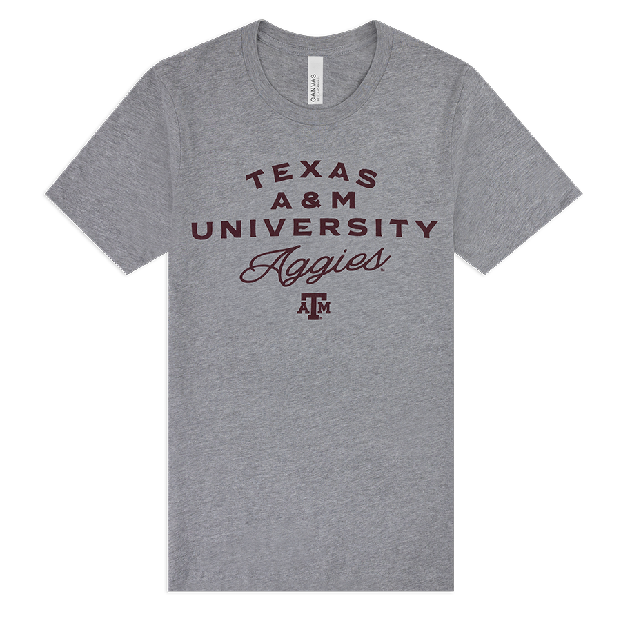 Gray t-shirt with 'Texas A&M University Aggies' text and logo