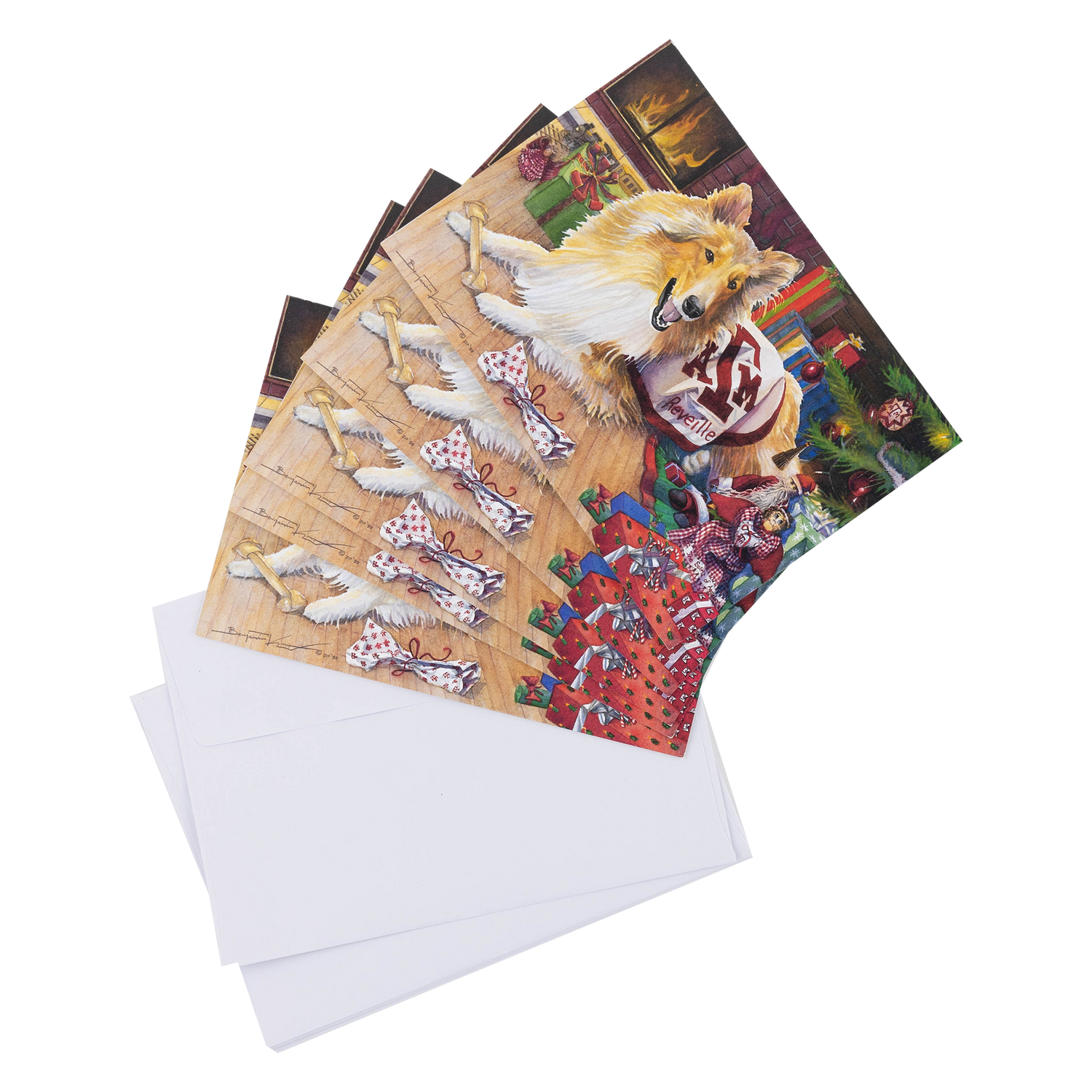 Texas A&M Christmas greeting cards featuring Reveille wearing an Aggie bandana beside a decorated Christmas tree, wrapped presents, and a cozy fireplace, with matching white envelopes.