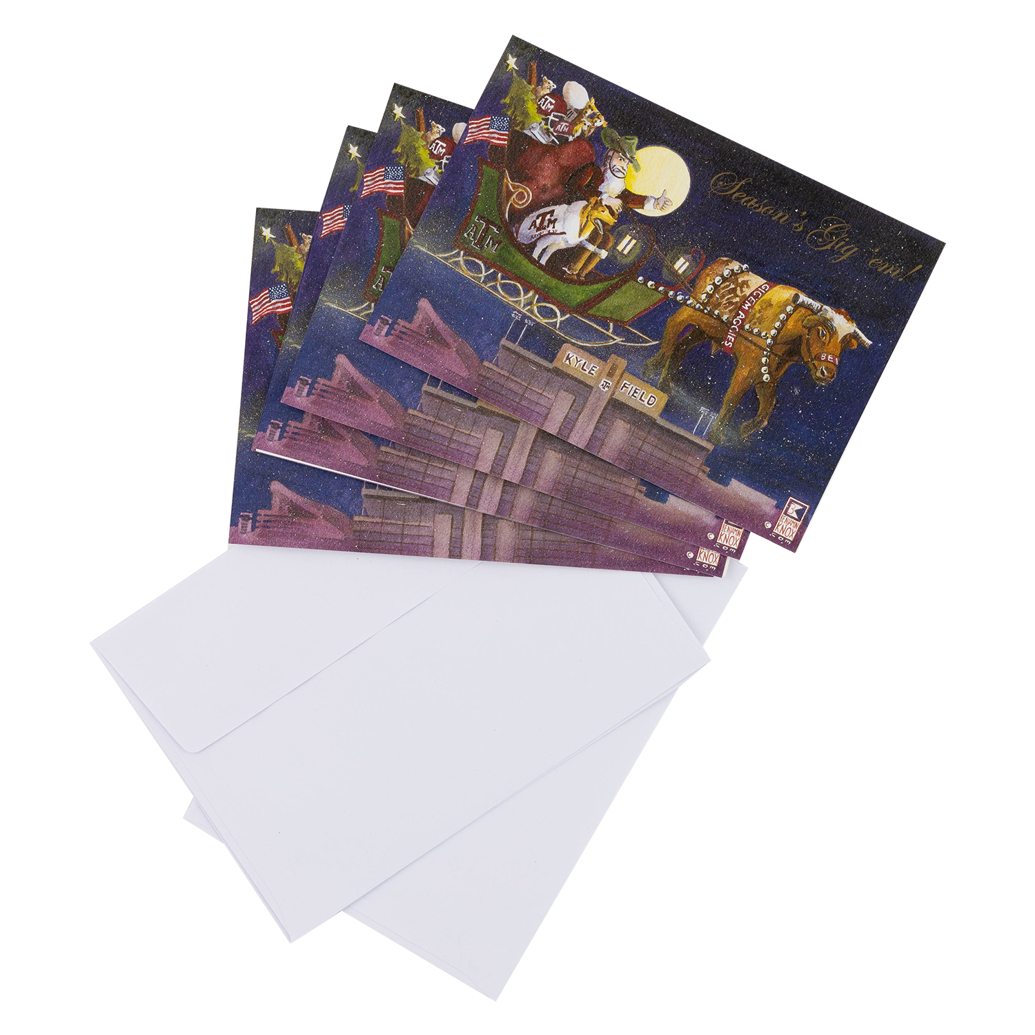Texas A&M Christmas greeting cards featuring Santa riding a horse, Kyle Field, and Aggie-themed holiday artwork with matching white envelopes.