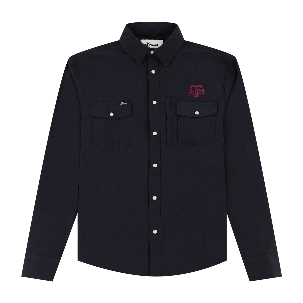 Black long sleeve button down with pockets on each side. Maroon ATM logo on the left side of the chest