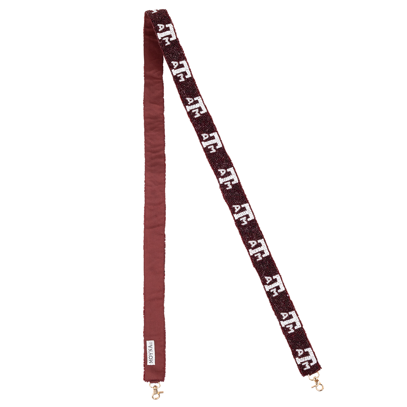 Maroon beaded purse strap with the A&M logo on it in white beads.