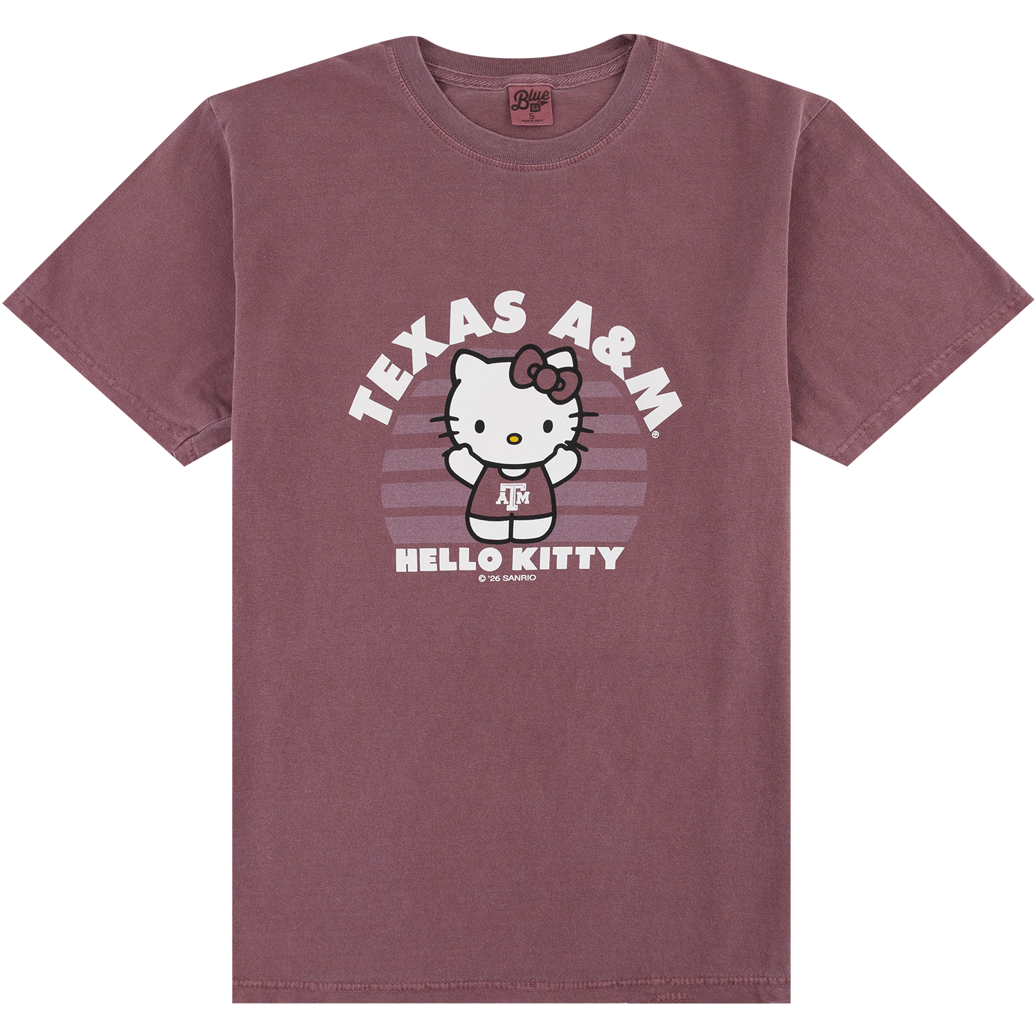 A short-sleeve crewneck t-shirt in a washed, maroon color, featuring a front graphic of Hello Kitty with 'TEXAS A&M' and 'HELLO KITTY' text.