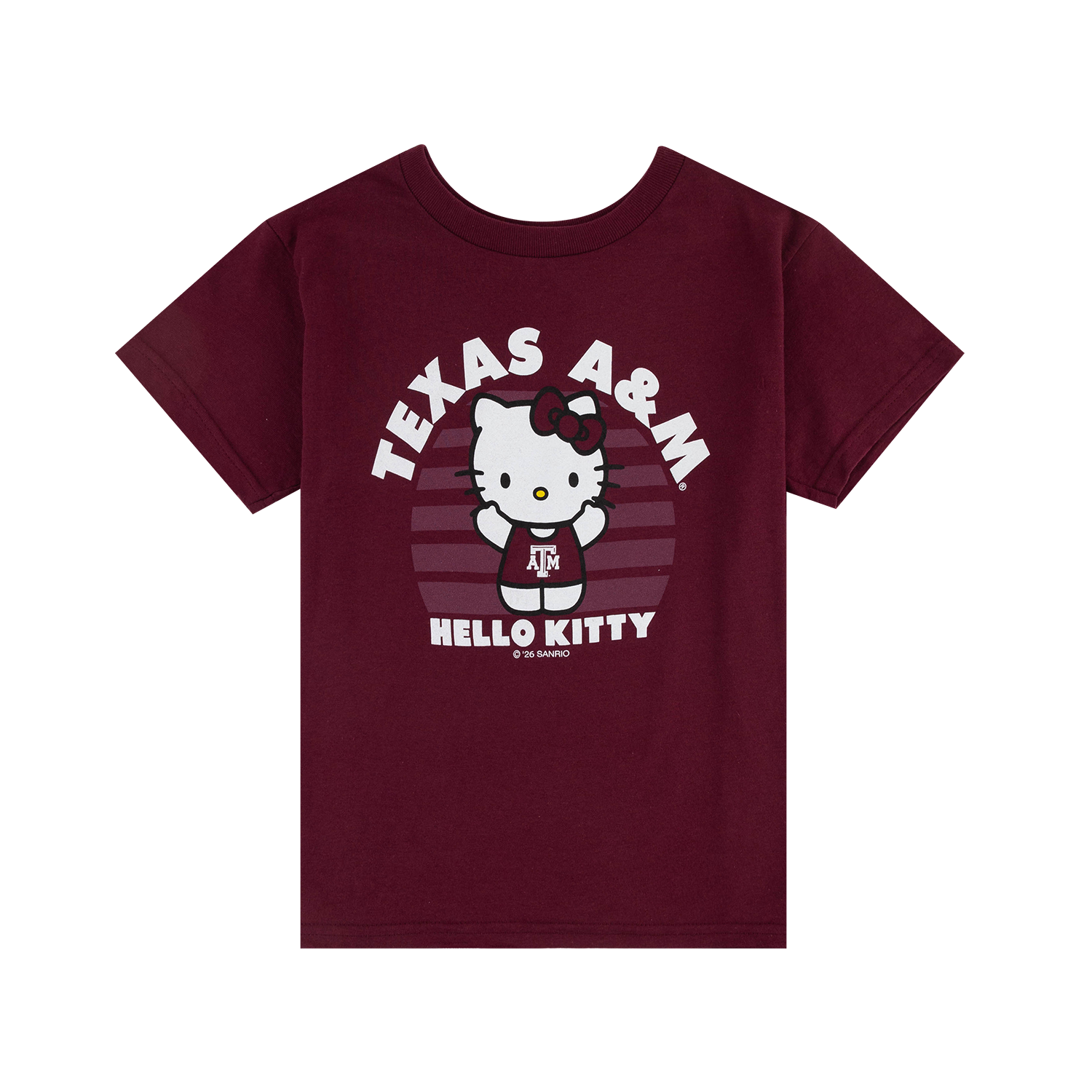 A maroon short-sleeve t-shirt featuring a Hello Kitty and Texas A&M University graphic on the front. The graphic includes the text 'TEXAS A&M' and 'HELLO KITTY' with the Hello Kitty character wearing a Texas A&M athletic outfit, set against a circular striped background.