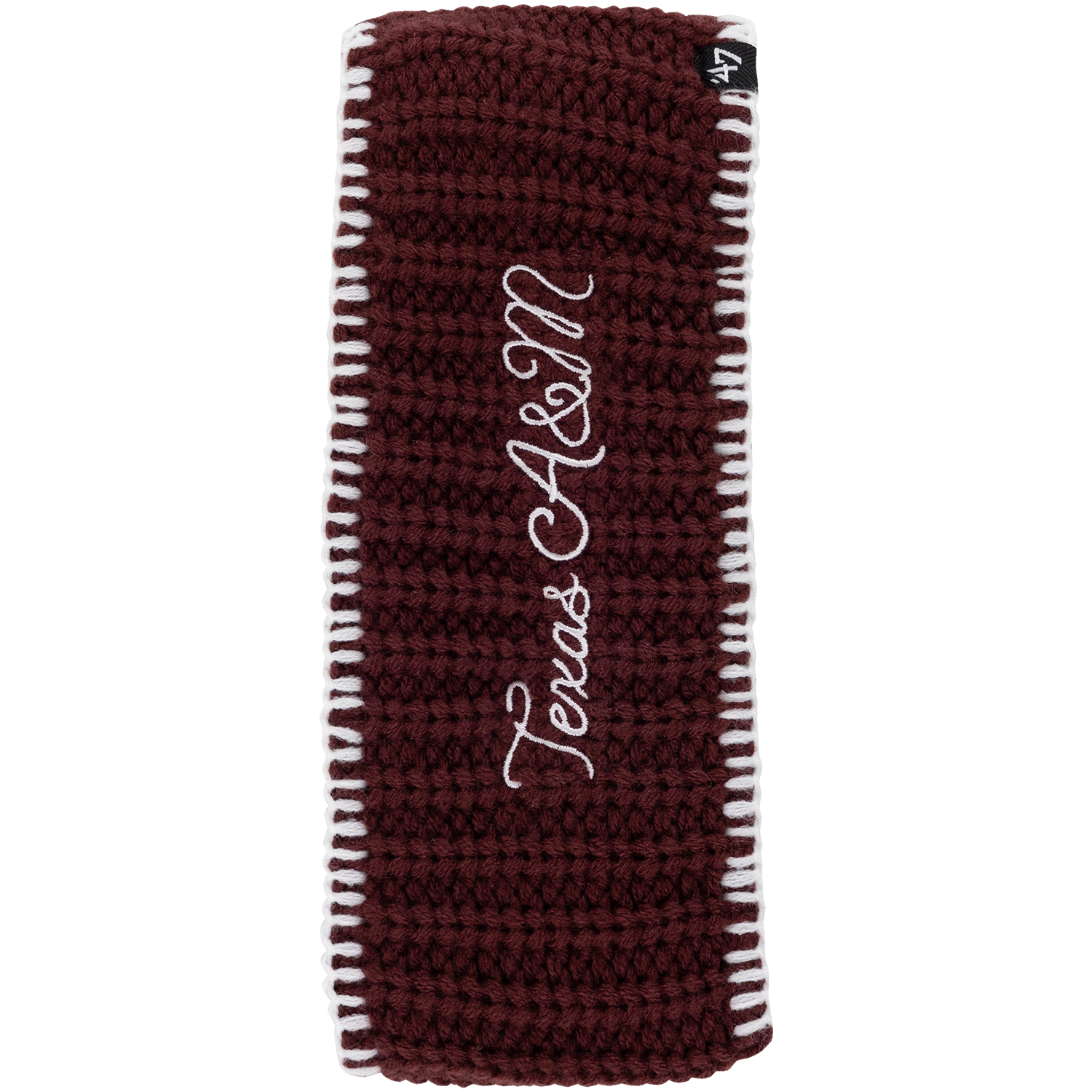 Maroon knit Texas A&M headband with white trim and embroidered “Texas A&M” script lettering.