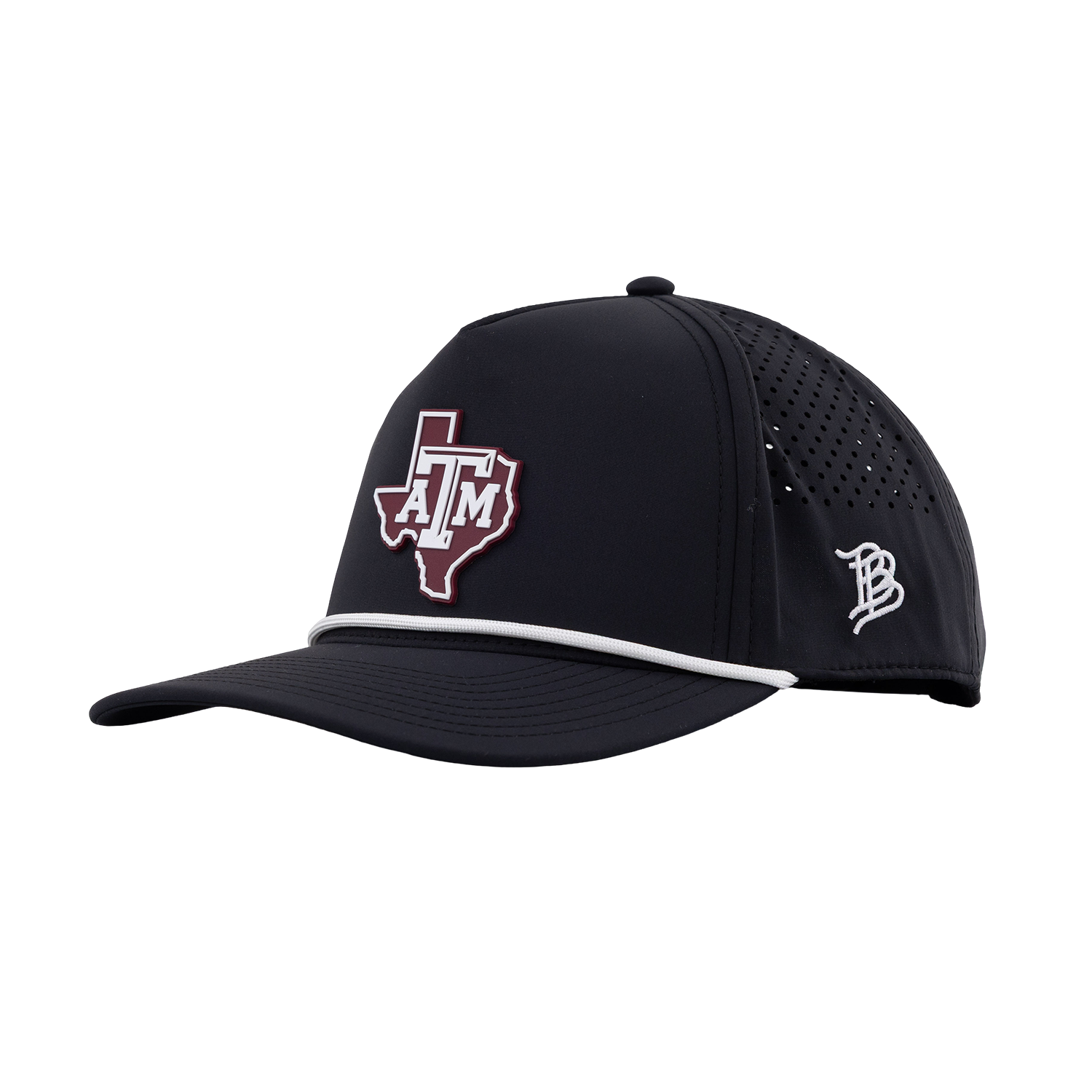 A black baseball cap featuring a Texas A&M 'A&M' logo in maroon and white on the front, with a white piping accent along the brim and a white embroidered 'B' logo on the side. The cap has perforated side panels and is shown on a plain white background.
