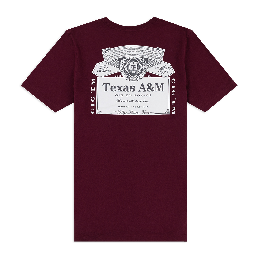 Maroon back of t-shirt with "Texas A&M Gig 'Em Aggies" 