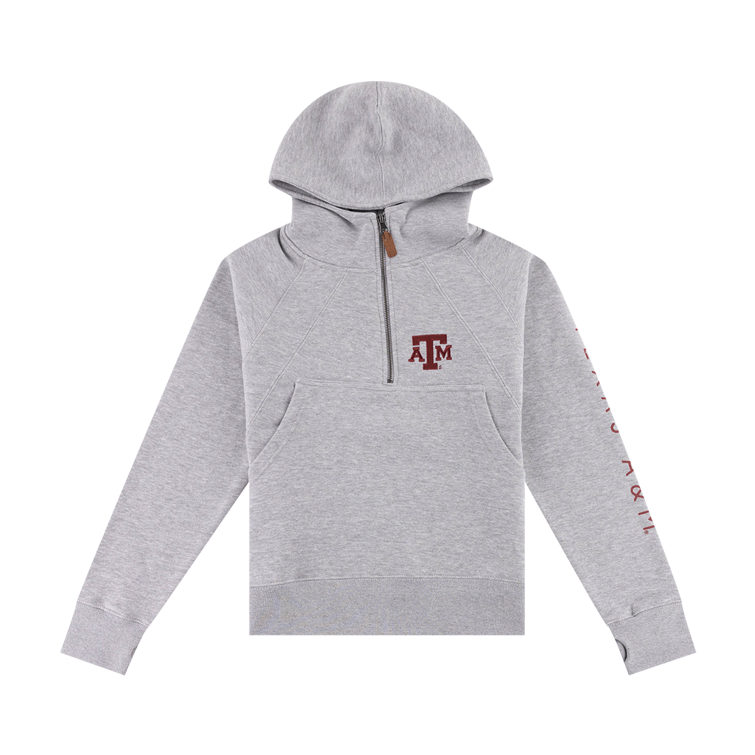 Gray oversized fleece quarter zip with maroon ATM logo.