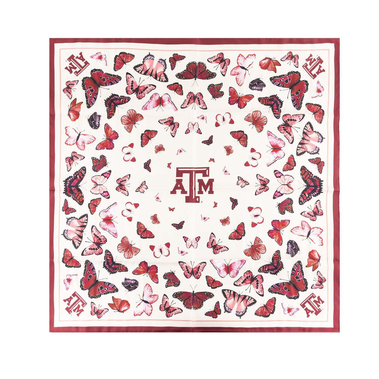 A square scarf featuring a cream background decorated with a border of maroon, red, and pink butterflies. The center and corners features a maroon Texas A&M 'A&M' logo.