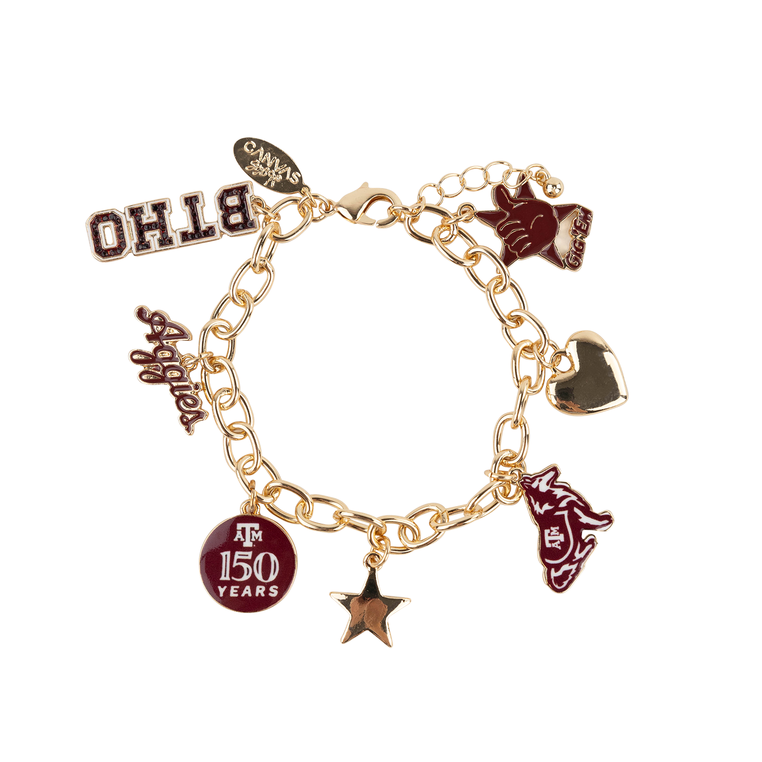 A gold charm bracelet featuring multiple collegiate-themed charms, including a 'BTHO' block letter charm, a heart-shaped wolf, a star, a circular '150 YEARS' medallion, and a script charm, shown on a plain white background.