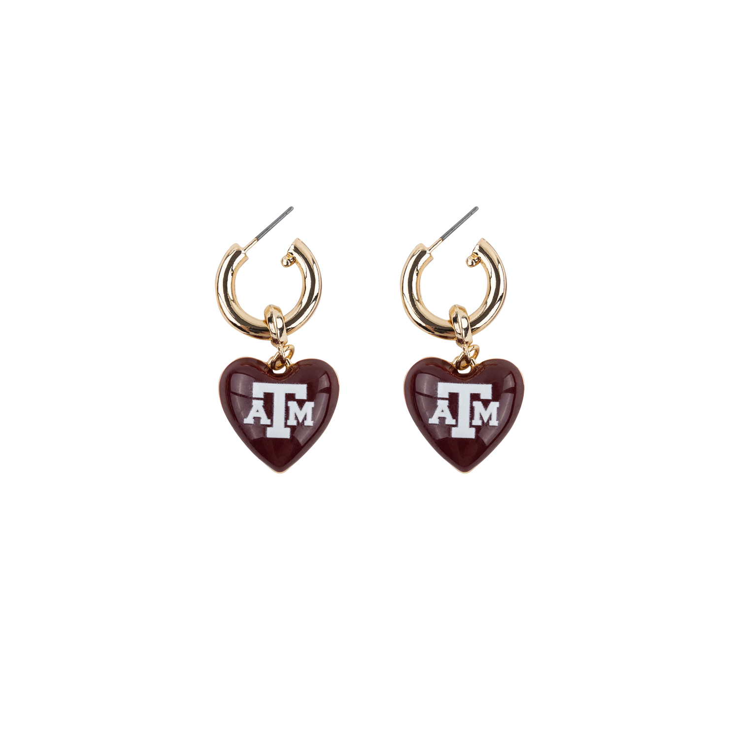 Maroon heart-shaped earrings with white atm logos
