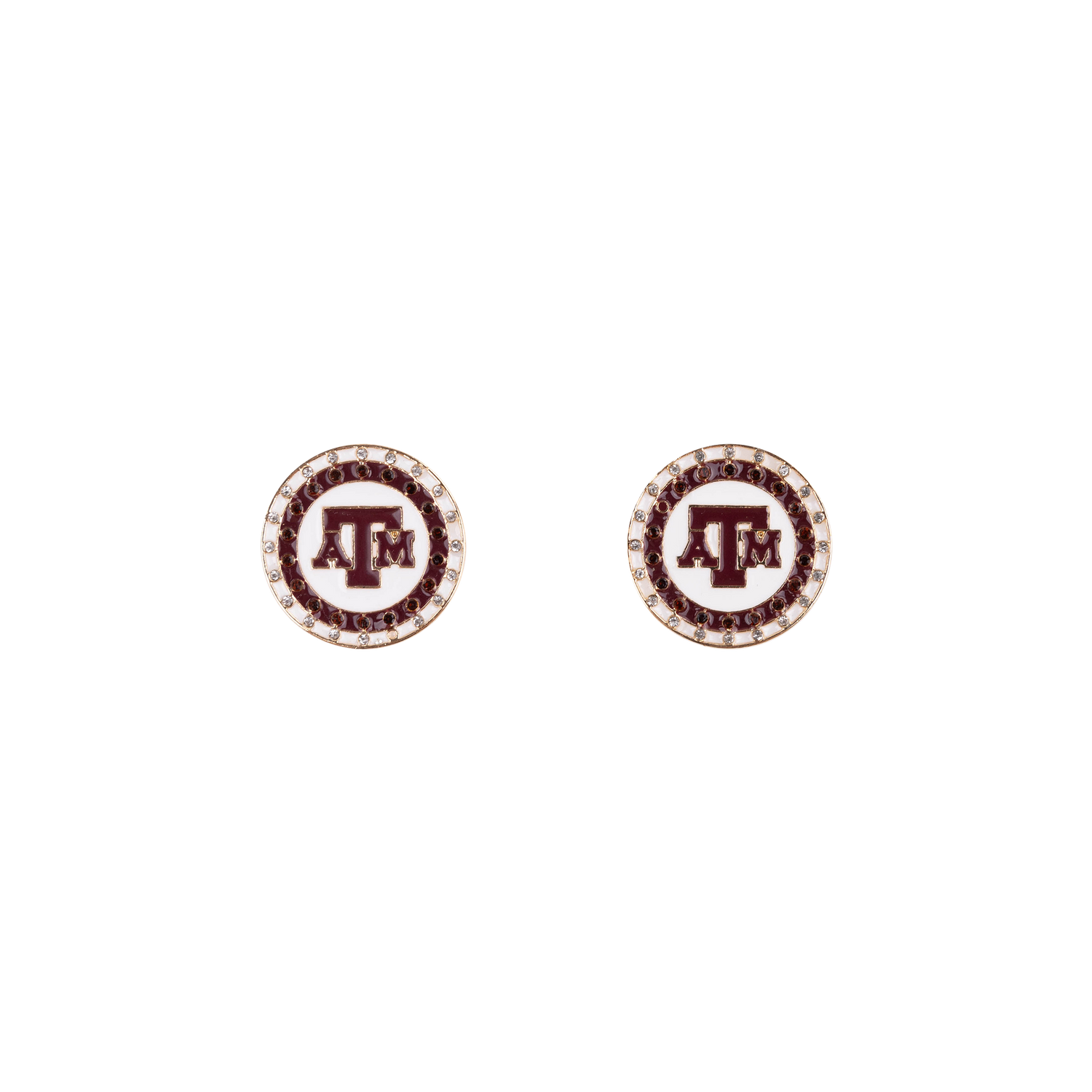 Pair of stud earrings in maroon and gold with the Texas A&M logo