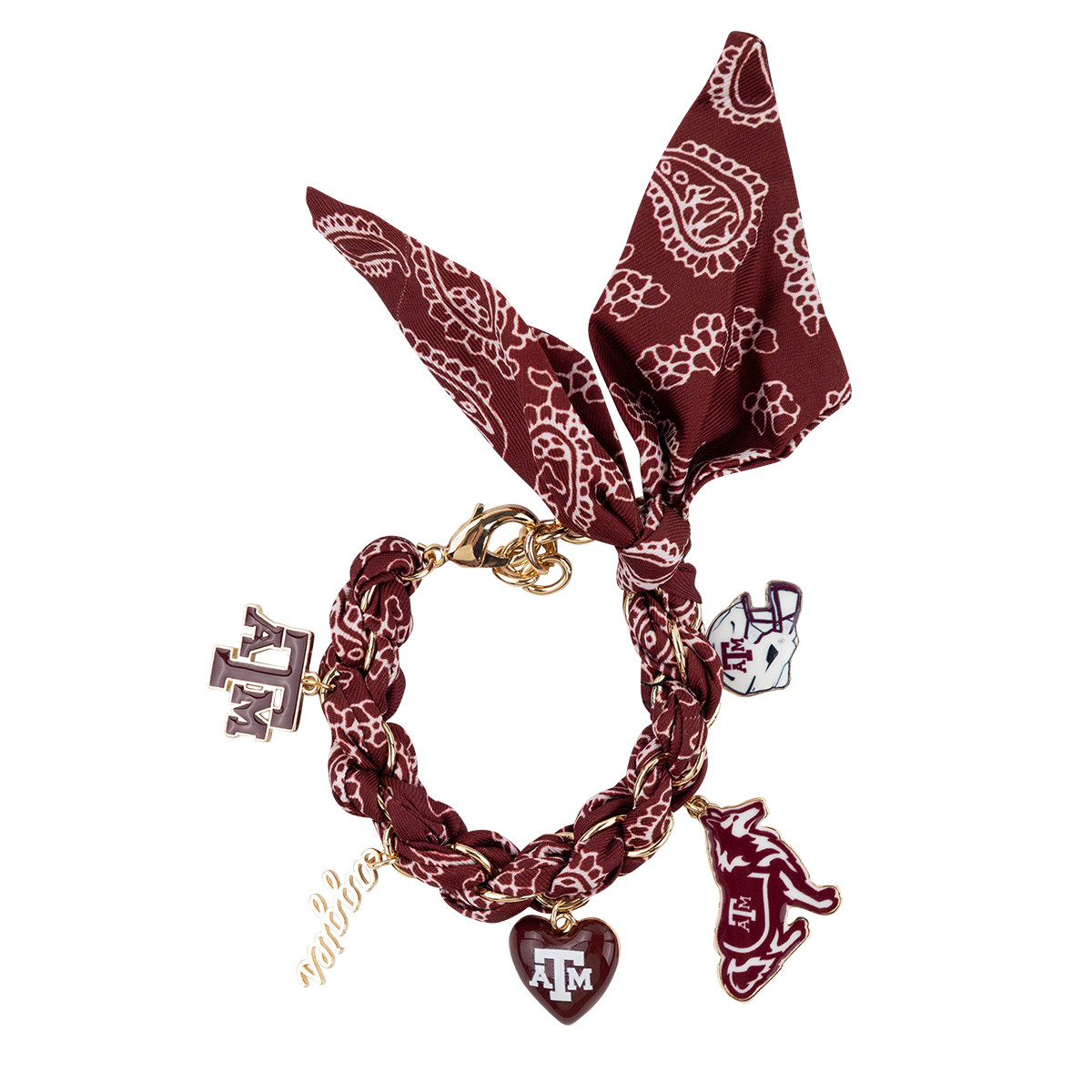 Maroon bandana and gold chain bracelet with Texas A&M charms