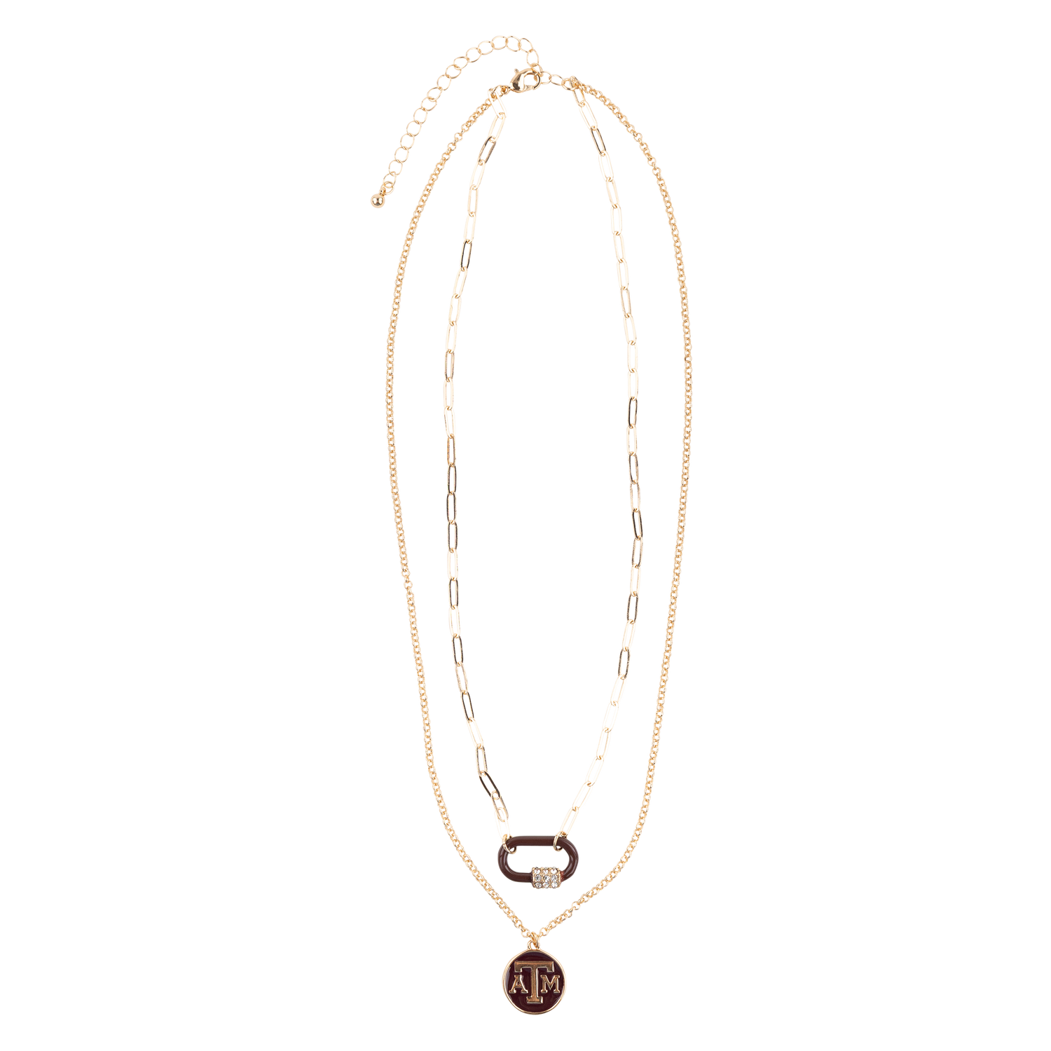Double Stacked gold necklace with the A&M emblem in maroon and gold.