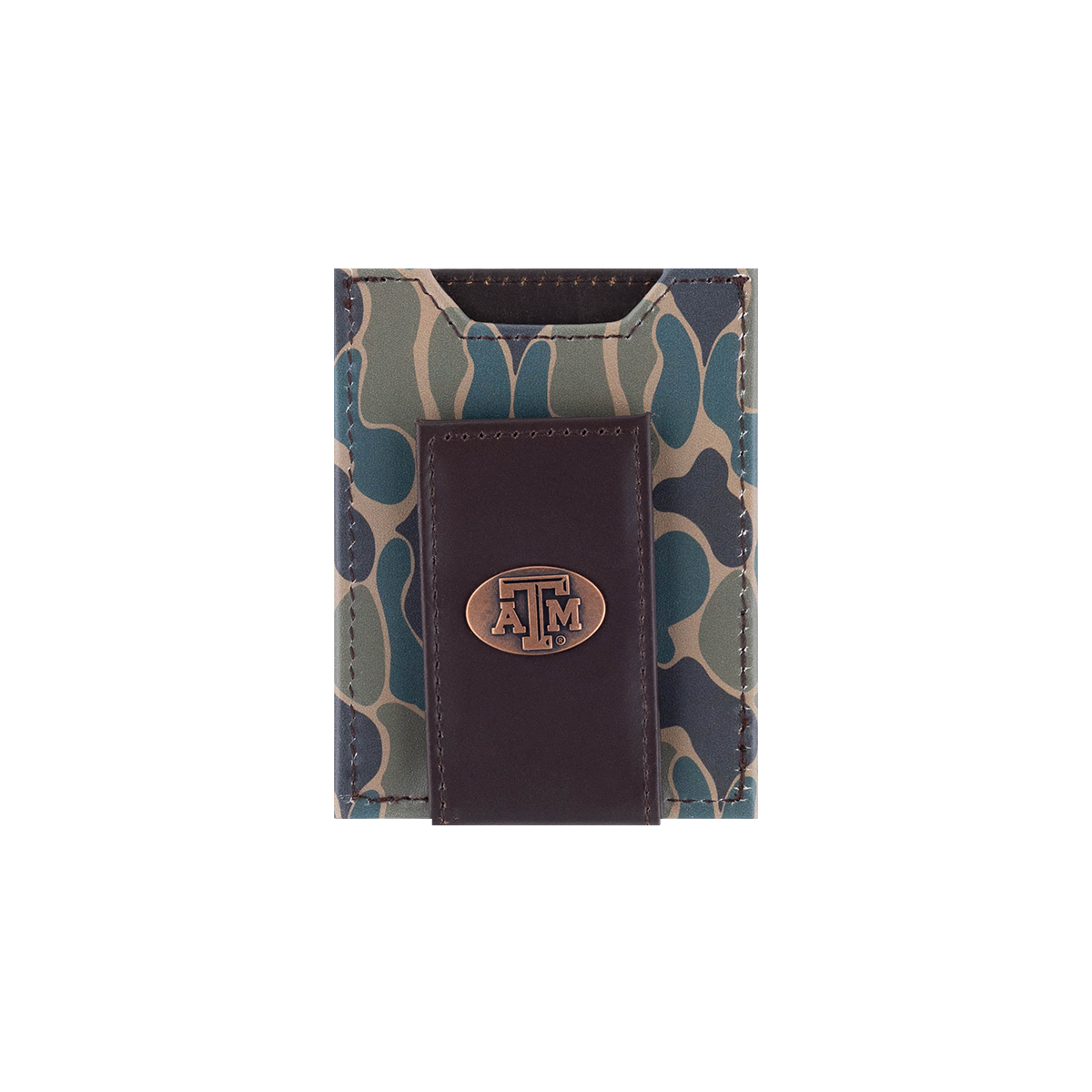 Camo front pocket wallet with the Texas A&M logo on the front.