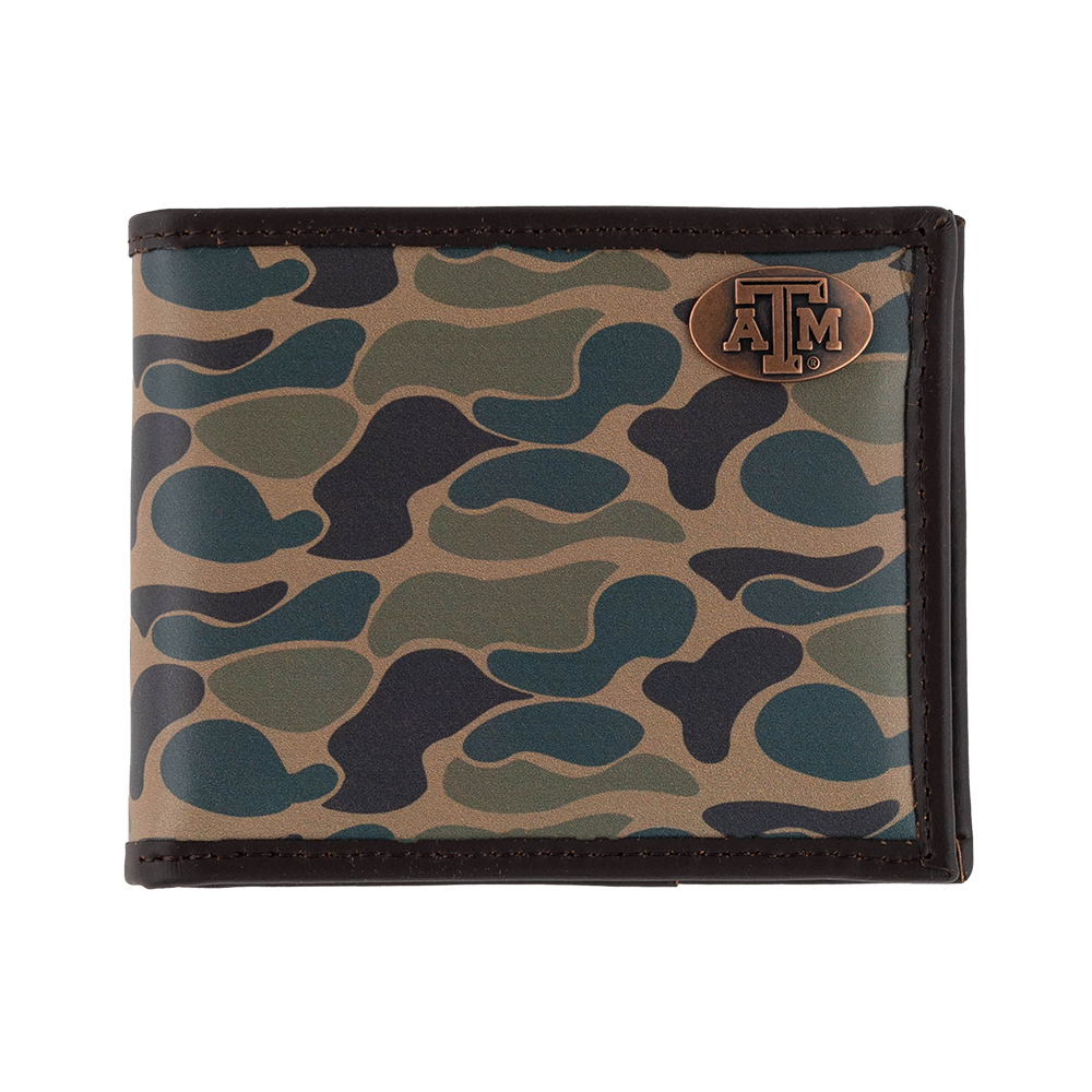 Camo wallet with brown leather edges and the Texas A&M logo on the front.