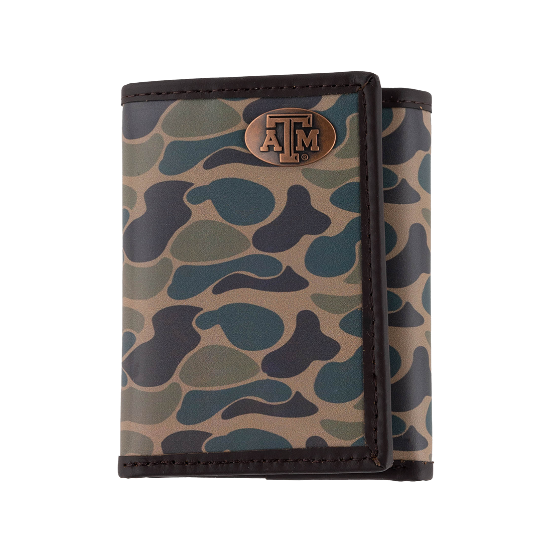 Camo Trifold wallet with the Texas A&M logo on the front.